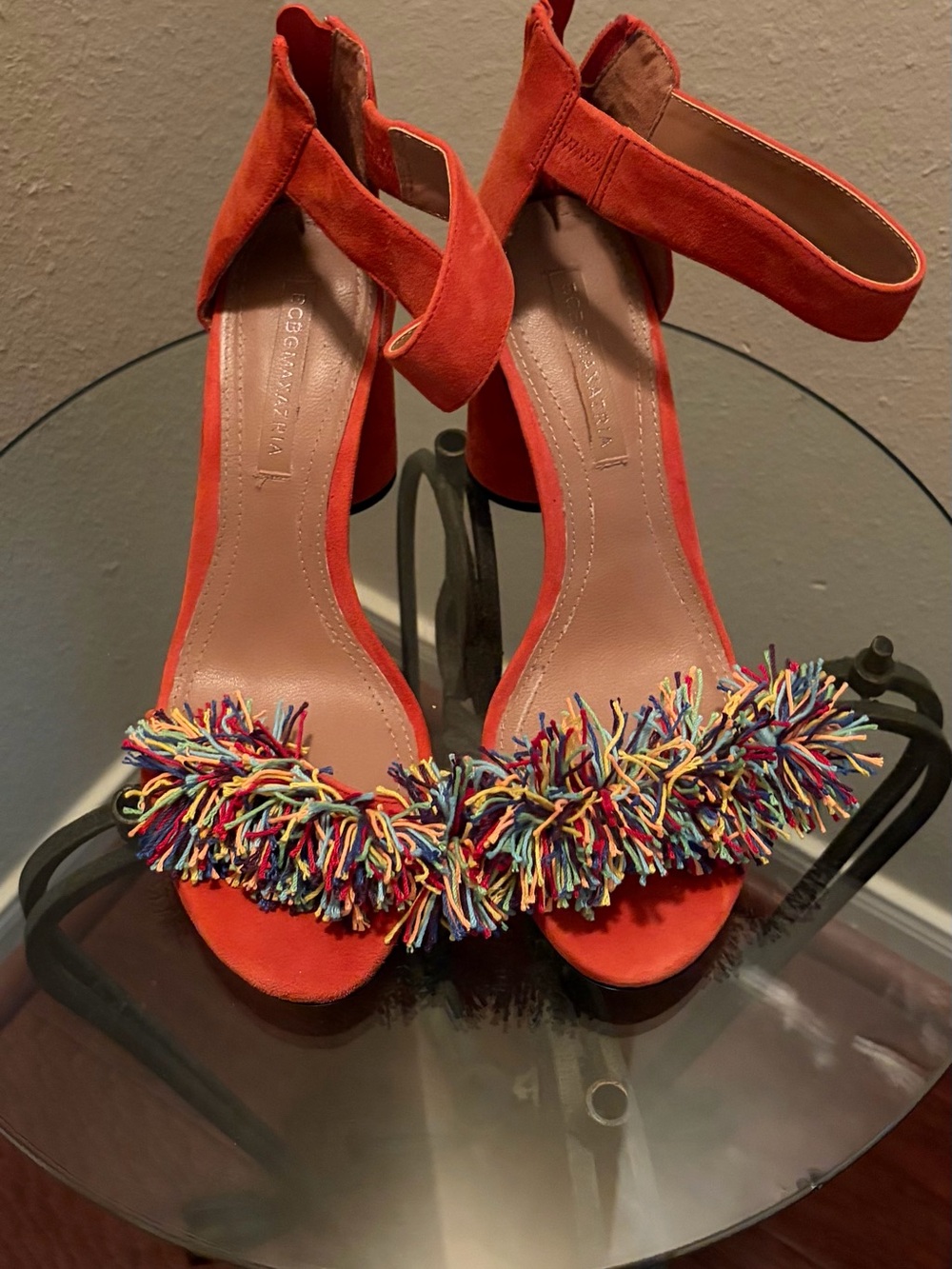 BCBGMaxAzria Orange Suede Tassel-Trim Block Heels